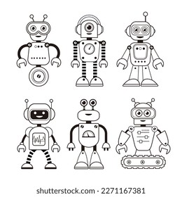 Ensemble de mignons robots de dessins animés en ligne. Personnage de robot souriant pour la page de coloriage. Illustration vectorielle isolée du contour. 