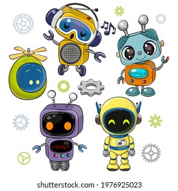 Set with Cute Cartoon Robots on a white background