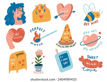 set of cute cartoon romantic concept sticker