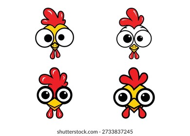 Set of cute cartoon rooster faces with big eyes and red combs
