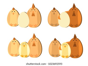 Set of cute cartoon rooster with hen egg and chicken.