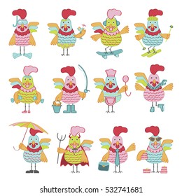 Set of Cute cartoon roosters characters illustration. Vector template with funny cocks. Symbol of 2017 Chinese New Year