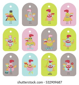 Set of Cute cartoon roosters characters illustration. Vector template with funny cocks. Symbol of 2017 Chinese New Year