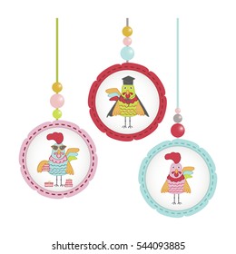 Set of Cute cartoon roosters characters illustration. Vector template with funny cocks. Symbol of 2017 Chinese New Year