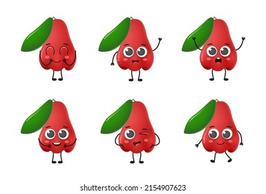 Set of cute cartoon rose apple fruit vector character set isolated on white background