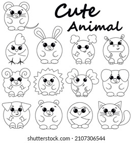 Set cute cartoon round animals. Draw illustration in black and white