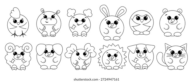 definir desenhos animados bonito em volta animais desenhar ilustração em preto