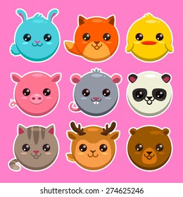 Set of cute cartoon round animals, vector zoo stickers