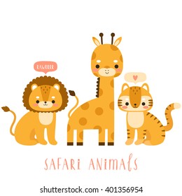 set of cute cartoon safari animals. Illustration of cute lion, tiger and giraffe. Can be used like stickers or for birthday cards and party invitations