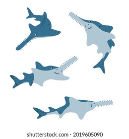 Set of cute cartoon sawfish. Vector sea fish illustration