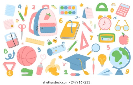 A set of cute cartoon school supplies isolated on a white background. Back to school collection. Vector clipart illustration.