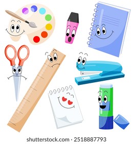 Set of cute cartoon school supplies with smile, happy, love, grumpy, sad mood. Vector illustration. Character