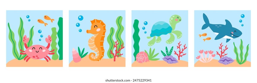 Set of cute cartoon sea animal square illustration. Crab, seahorse, turtle and shark characters. Undersea, marine life kid print, posters. 