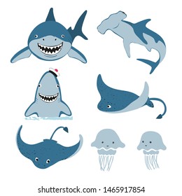 Set of cute cartoon sea animals. Vector illustration of shark, skate, jellyfish.