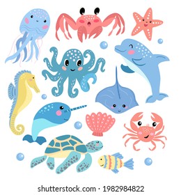 Set of cute cartoon sea animals - dolphin octopus jellyfish crab turtle narwhal seahorse. Vector graphics on a white background. For the design of posters, covers, cards, prints on packaging.