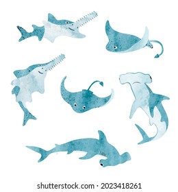 Set of cute cartoon sea animals. Vector watercolor illustration of shark, skate, sawfish.