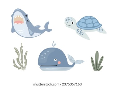 Set of cute cartoon sea animals. Vector illustration on white background.