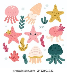 Set of cute cartoon sea animals. Hand drawn vector illustration in scandinavian style.