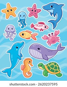 Set of cute cartoon sea animals. Sticker design. Vector characters.