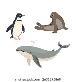 Set of cute cartoon sea animals: penguin, seal and whale. For creating children's designs, cards, posters and more vector flat style