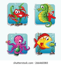 Set of cute cartoon sea animals. Crab, seahorse, starfish, octopus, fish in different comic situations