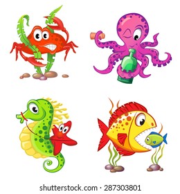 Set of cute cartoon sea animals isolated on white background. Crab, seahorse, starfish, octopus, fishes