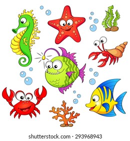 Set of cute cartoon sea animals isolated on white background