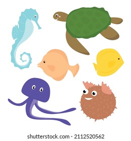 set of cute cartoon sea animals.Flat vector illustration isolated on a white background