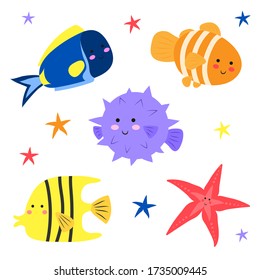 Set of cute cartoon sea fish. Clown fish, puffer, starfish. Illustrations for design and print. Flat vector illustration isolated on white background.