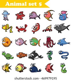 Set Cute Cartoon Sea Fishes Animals Stock Vector Royalty Free