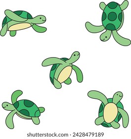 Set of cute cartoon sea turtles isolated on white background. Vector illustration.