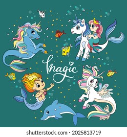 Set of cute cartoon sea unicorns, mermaids, fishes and bubbles. Vector isolated illustration. For sticker pack, print, posters, design, decor, linen, dishes, t-shirt and kids apparel