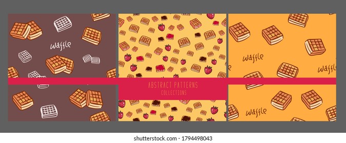 set of cute cartoon seamless pattern with waffle with chocolate and strawberries. friendship concept. childrens vector illustration. Textured background for poster, card, textile, wallpaper template.