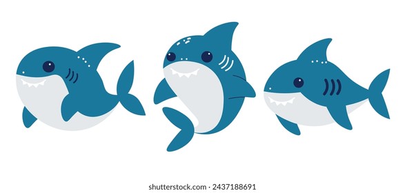 set of cute cartoon sharks. flat vector illustration.