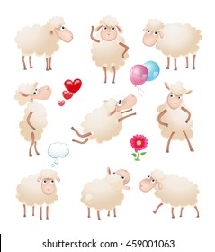 set of cute cartoon sheep character in different poses isolated on white. vector illustration