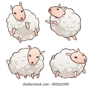Set of cute cartoon sheep isolated on white