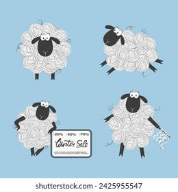 Set of cute cartoon sheep made of yarn balls. Vector illustration