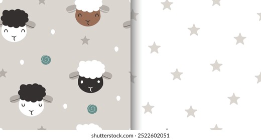 Set of Cute cartoon sheep seamless pattern. With stars element. Kids apparel, baby product, wrapping paper, fabric, wallpaper. Vector illustration