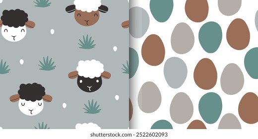 Set of Cute cartoon sheep seamless pattern. Bush and abstract element. Kids apparel, baby product, wrapping paper, fabric, wallpaper. Vector illustration