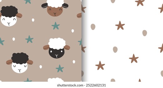 Set of Cute cartoon sheep seamless pattern. Stars and dot element. Kids apparel, baby product, wrapping paper, fabric, wallpaper. Vector illustration