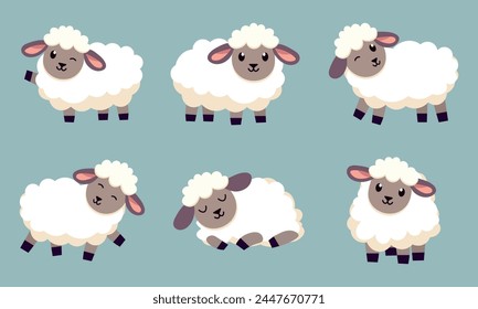 Set of cute cartoon sheep. Vector illustration 