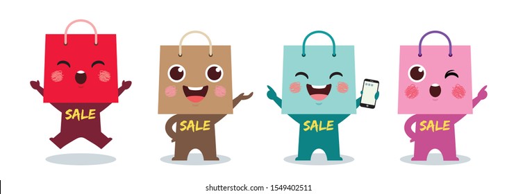 Set of cute cartoon shopping bag with different face expression and color in flat vector design. Symbol of promotion sale. Commercial design element.