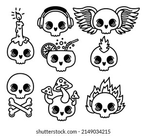 Set of Cute Cartoon skulls with a candle, headphones, flames, mushrooms and wings on a white background. Halloween spooky magic witchy cartoon skulls. Funny symbol of robbers and Halloween. 