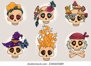 Set of cute cartoon skulls characters. Cool concept skulls with witch hat, floral decorations, butterfly, mushrooms, pirate skulls, and flames.Sticker collection. Happy Halloween, Dia de Muertos skull