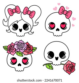 Conjunto de calaveras de dibujos animados con flores, arco y corazones sobre un fondo blanco. Pegatina al tatuaje en estilo tradicional de calavera y rosa. Calaveras de los amantes de la educación