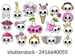 Set of Cute Cartoon skulls isolated on a white background. Collection of cute funny halloween cartoon character. Spooky magic skulls. Funny symbol of robbers, Halloween. Colored cranium illustration