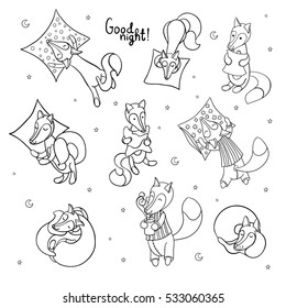 Set of cute cartoon sleeping foxes with pillow and cup of coffee isolated on white background. Good night! Vector illustration.