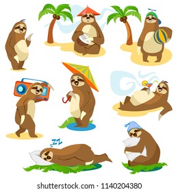 
Set of cute cartoon sloth characters isolated on white background. Vector illustration.