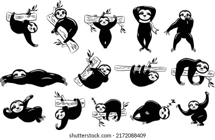 Set Cute Cartoon Sloth Silhouette