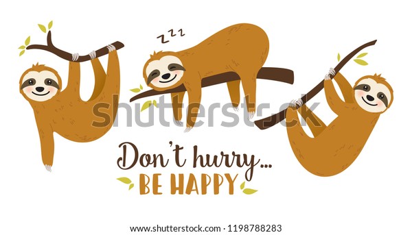 Set of Cute cartoon sloth vector graphic design.\
Adorable hand drawn baby sloth characters hanging on the tree.\
Illustration for nursery design, poster, greeting, birthday card,\
baby shower and party